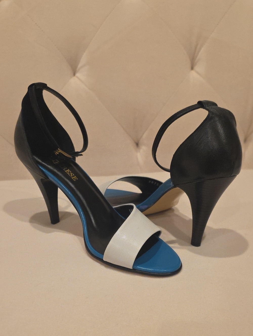 Divarese Black and White Leather Ankle-Strap Heels with Blue and Back Insole  39